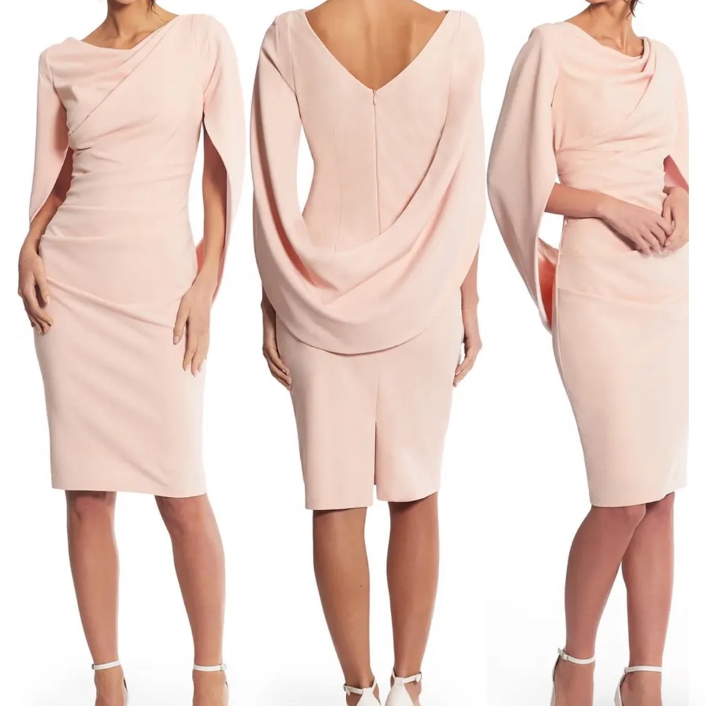 Betsy & Adam **wedding guest** cape sleeve crepe sheath dress size 4